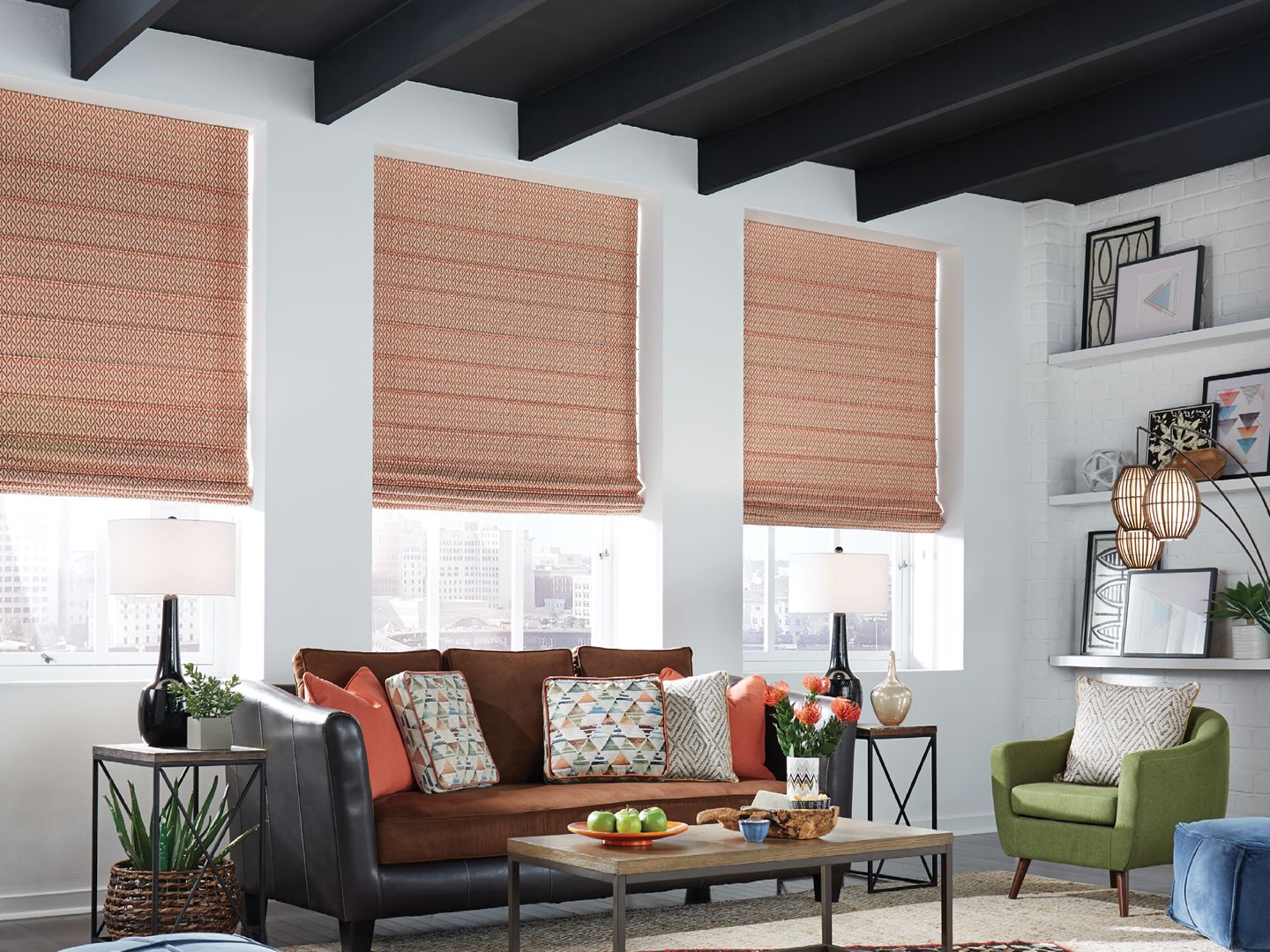 Roman Shades - Front Fold - Living Room - Geometric Orange